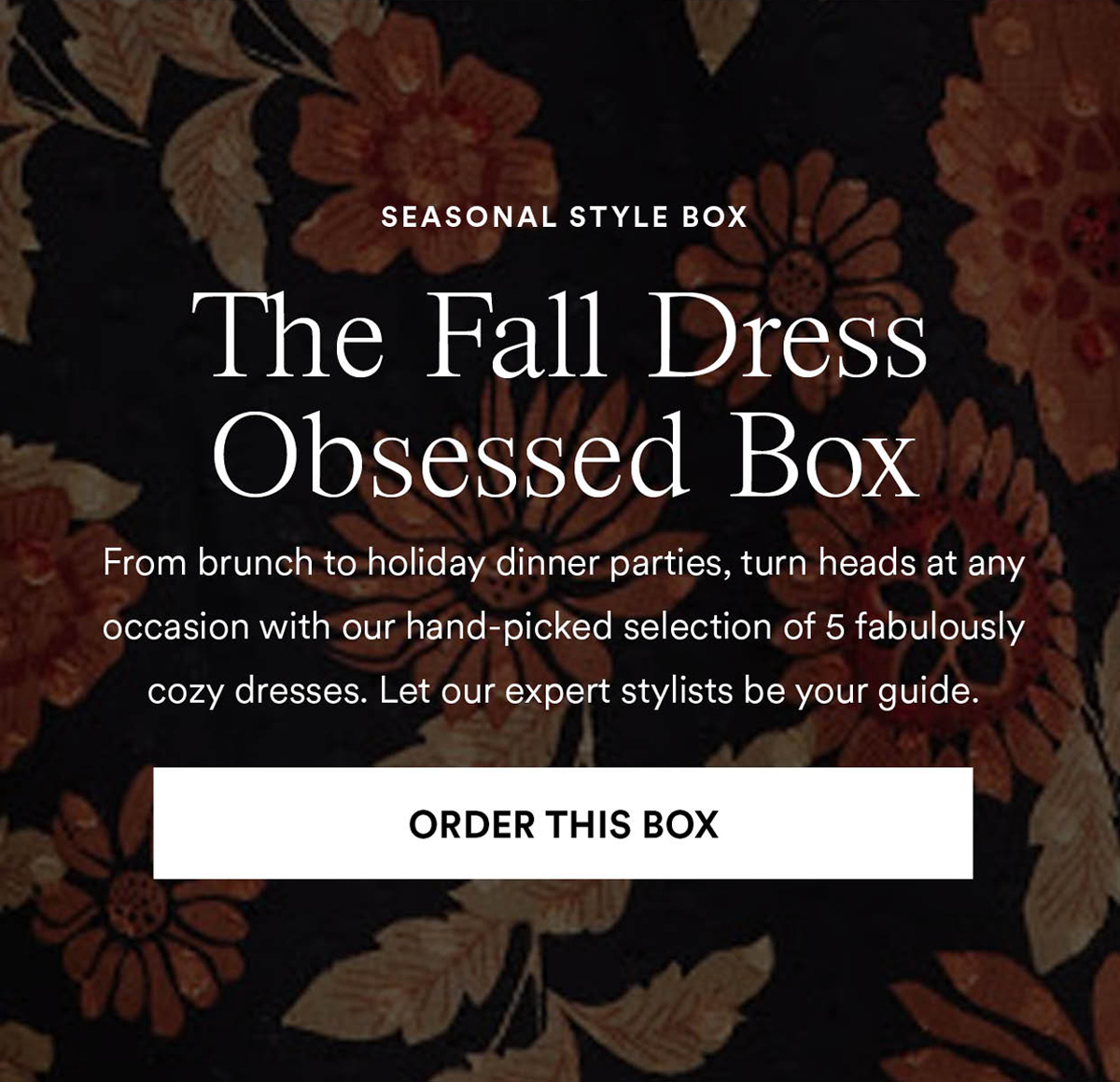 The Fall Dress Obssesed Box. From brunch to holiday dinner parties, turn heads at any occasion with our hand-picked selection of 5 fabulously cozy dresses. Let our expert stylists be your guide.. Order this box