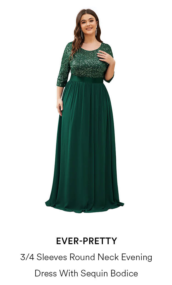 3/4 Sleeves Round Neck Evening Dress With Sequin Bodice